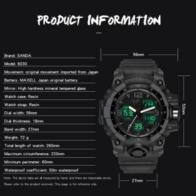 SANDA-Montre de sport militaire étanche pour homme, montre-bracelet à quartz, horloge antichoc
