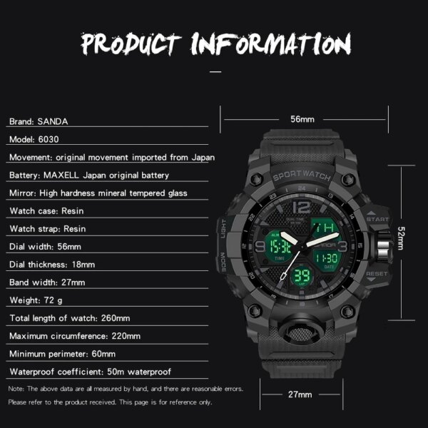 SANDA-Montre de sport militaire étanche pour homme, montre-bracelet à quartz, horloge antichoc – Image 5