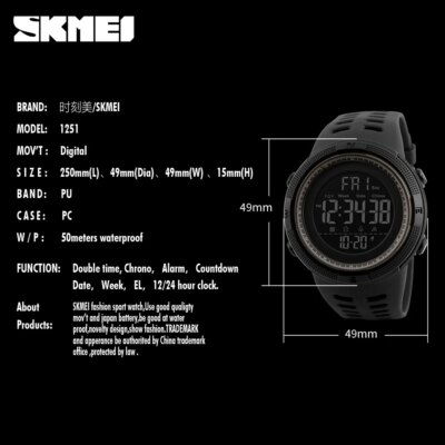 SKMEI –montre de sport pour hommes, numérique, étanche, LED, compte à rebours, à la mode, style militaire