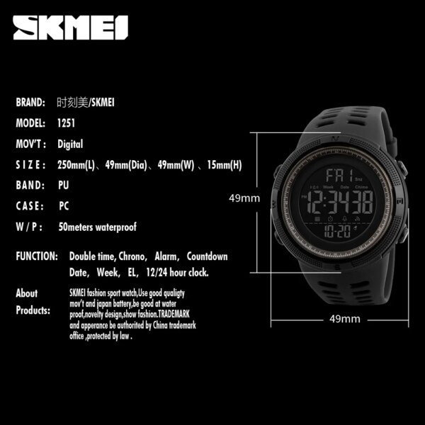 SKMEI –montre de sport pour hommes, numérique, étanche, LED, compte à rebours, à la mode, style militaire – Image 4