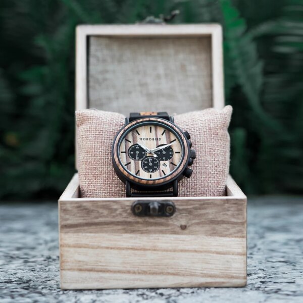 BOBO oiseau montre en bois hommes erkek kol saati luxe élégant bois montres chronographe militaire – Image 6
