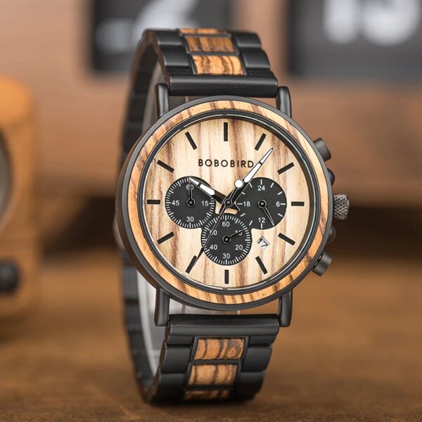 BOBO oiseau montre en bois hommes erkek kol saati luxe élégant bois montres chronographe militaire – Image 2