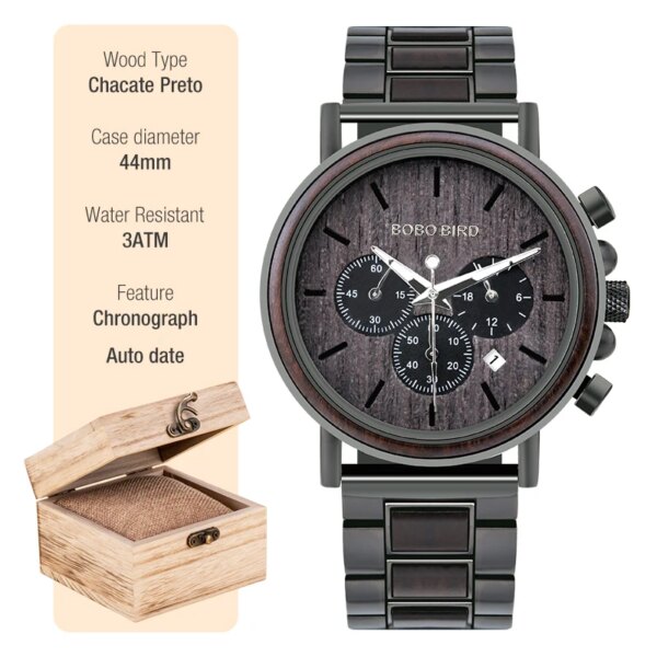 BOBO oiseau montre en bois hommes erkek kol saati luxe élégant bois montres chronographe militaire