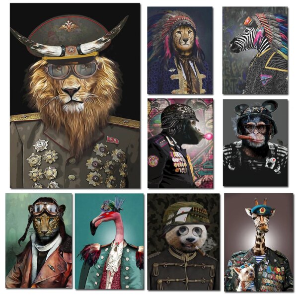Affiche murale d'art militaire d'animaux drôles, impression sur toile, peinture murale, discuter, girafe, léopard, gérer pour décor de salon