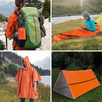 Abri de tente de survie d'urgence étanche avec sac de couchage, poncho de pluie