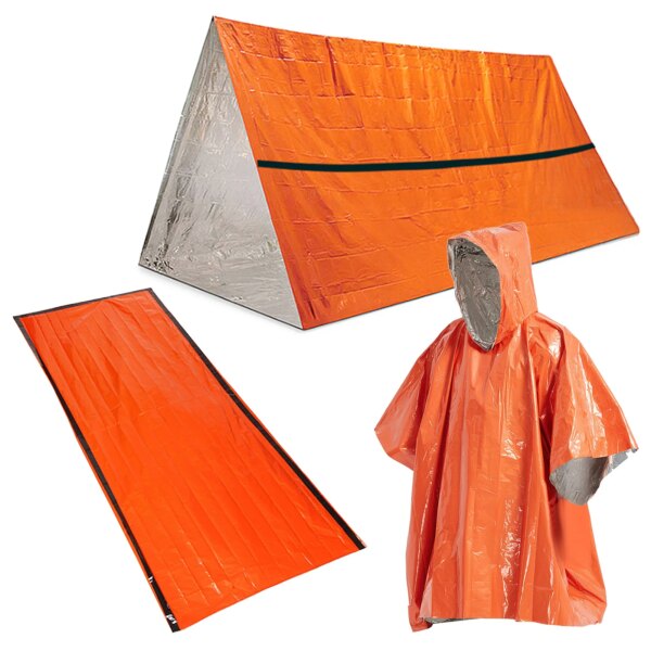 Abri de tente de survie d'urgence étanche avec sac de couchage, poncho de pluie