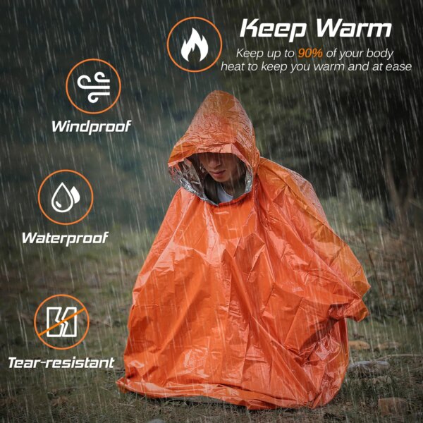 Poncho de Pluie d'Urgence, Couverture Thermique, Météo Verde, Survie en Plein Air – Image 4