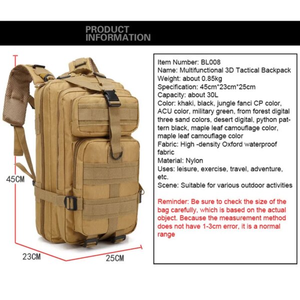 Sac à dos militaire grande capacité pour homme, sacs à dos étanches – Image 3