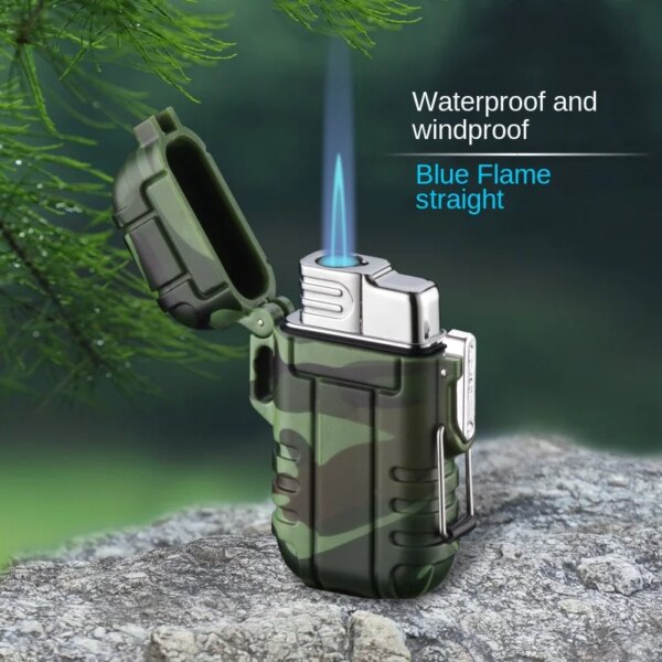 Briquet d'extérieur gonflable et explosif, imperméable, coupe-vent, flamme bleue, droit dans la lanière de Camouflage, Portable