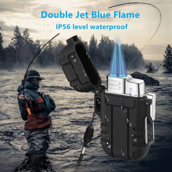 Briquet à gaz butane à flamme bleue foncée portable, lanière étanche pour pataugeoire de camping en plein air, accessoires pour fumeurs de cigares, gadgets, 2 feux