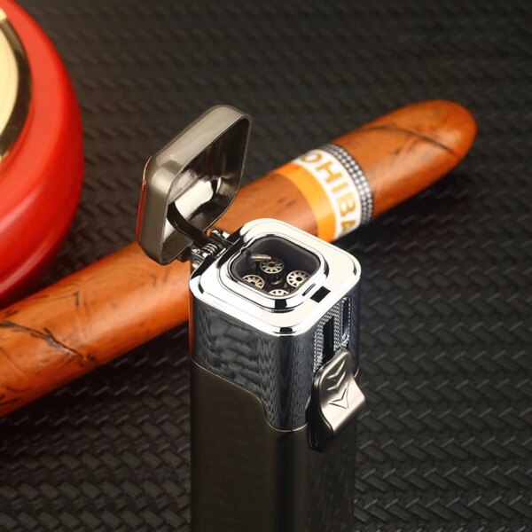 Briquet à gaz en métal coupe-vent, Briquet à Butane quatre flammes bleues, Briquet de luxe réglable – Image 2