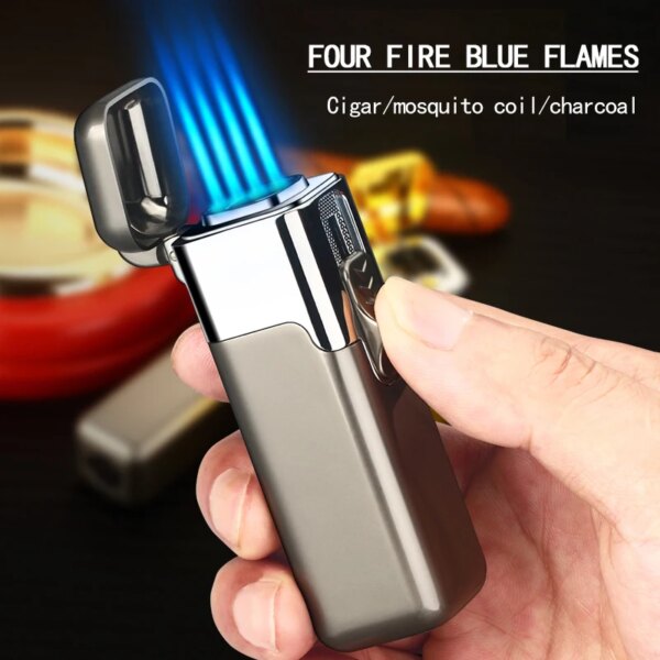 Briquet à gaz en métal coupe-vent, Briquet à Butane quatre flammes bleues, Briquet de luxe réglable