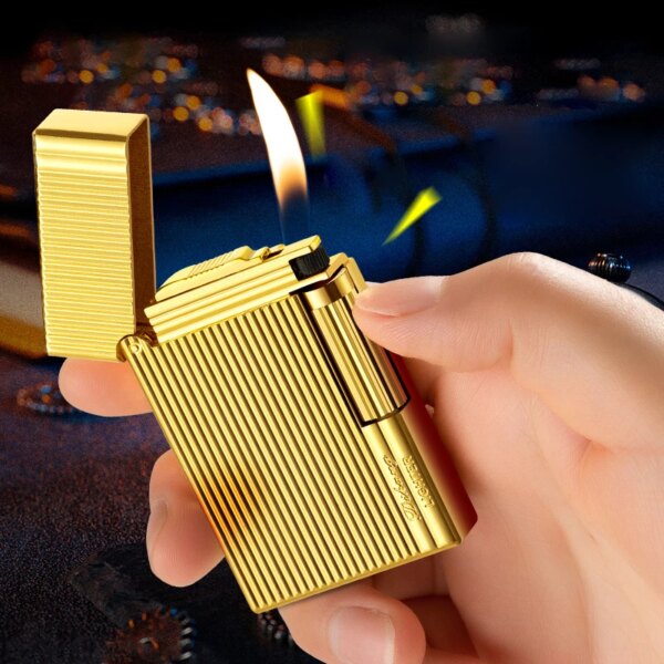 Briquet carré à rayures en métal, briquet à gaz butane, roue créative, feu ouvert, bruyant, insolite, Laguna – Image 2