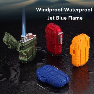 Briquet à jet de flamme bleue portable étanche avec lanière, allume-cigare turbo au butane, gadgets de pataugeoire de camping pour hommes, extérieur