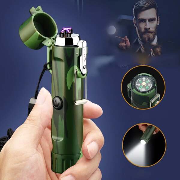 Briquet Plasma de Survie USB avec Boussole, Lampe de Poche Étanche et Coupe-Vent, pour Camping en Plein Air, Nouveauté 2023