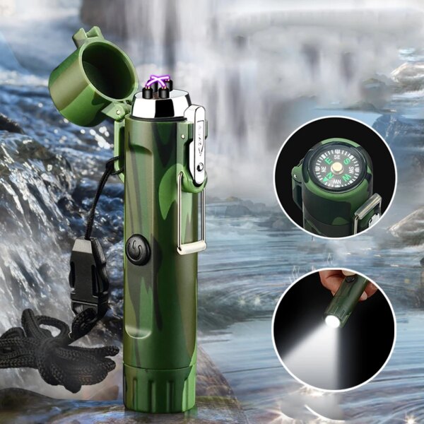 Briquet Plasma de Survie USB avec Boussole, Lampe de Poche Étanche et Coupe-Vent, pour Camping en Plein Air, Nouveauté 2023 – Image 3