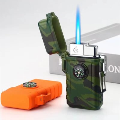 Briquet à jet de flamme bleue portable étanche avec lanière, allume-cigare turbo au butane, gadgets de pataugeoire de camping pour hommes, extérieur