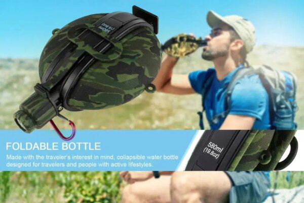 Bouteille d'Eau Militaire Pliable en Silicone de Qualité Alimentaire FDA, Bouilloire de Cantine avec Boussole, Bouchon pour Randonnée et Camping, 580ml – Image 4