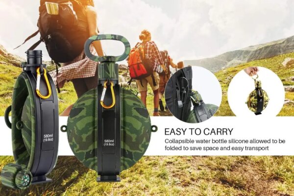 Bouteille d'Eau Militaire Pliable en Silicone de Qualité Alimentaire FDA, Bouilloire de Cantine avec Boussole, Bouchon pour Randonnée et Camping, 580ml – Image 5
