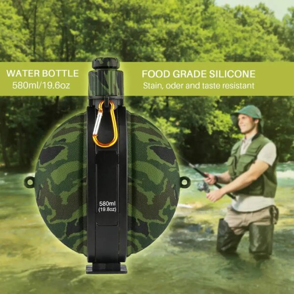 Bouteille d'Eau Militaire Pliable en Silicone de Qualité Alimentaire FDA, Bouilloire de Cantine avec Boussole, Bouchon pour Randonnée et Camping, 580ml – Image 6