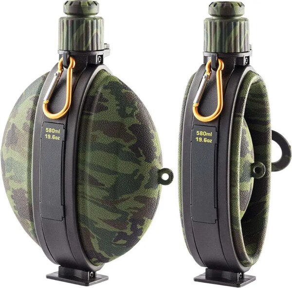 Bouteille d'Eau Militaire Pliable en Silicone de Qualité Alimentaire FDA, Bouilloire de Cantine avec Boussole, Bouchon pour Randonnée et Camping, 580ml