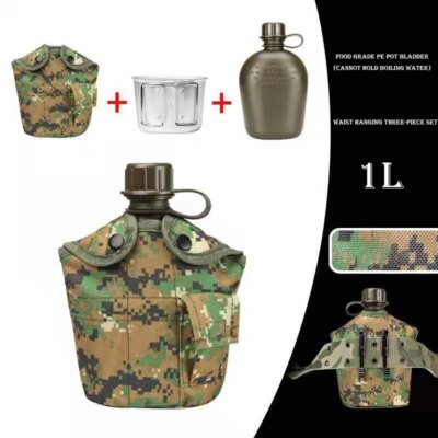Bouteille de cantine militaire, 1l, pour l'extérieur, Camping, randonnée, sac à dos, bouteille d'eau de survie, bouilloire avec couvercle