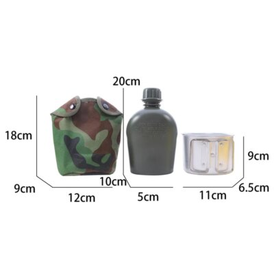 Bouteille d'eau de cantine militaire avec couvercle, bouilloire extérieure, bouteille de survie, camping, randonnée, sac à dos, 1L