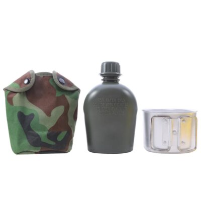 Bouteille d'eau de cantine militaire avec couvercle, bouilloire extérieure, bouteille de survie, camping, randonnée, sac à dos, 1L