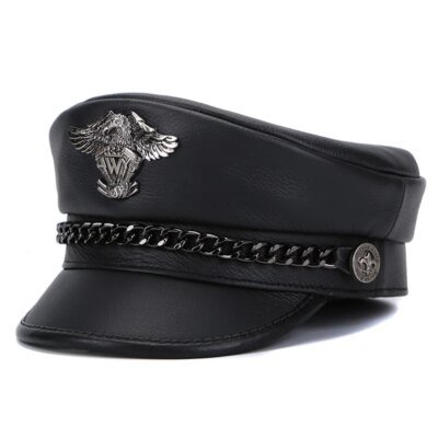 20872-1084cd.jpg Casquette militaire allemande unisexe en cuir véritable pour homme, chapeau haut de forme plat, marque d'aigle, JOPunk, mode coréenne, accessoires masculins, 5.0