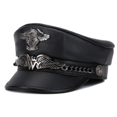 20872-56044b.jpg Casquette militaire allemande unisexe en cuir véritable pour homme, chapeau haut de forme plat, marque d'aigle, JOPunk, mode coréenne, accessoires masculins, 5.0