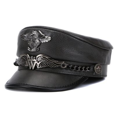 20872-6d19fe.jpg Casquette militaire allemande unisexe en cuir véritable pour homme, chapeau haut de forme plat, marque d'aigle, JOPunk, mode coréenne, accessoires masculins, 5.0