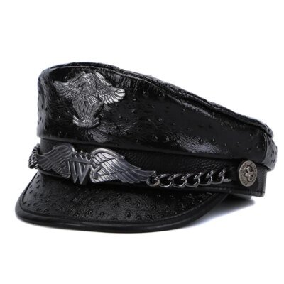20872-c8b50a.jpg Casquette militaire allemande unisexe en cuir véritable pour homme, chapeau haut de forme plat, marque d'aigle, JOPunk, mode coréenne, accessoires masculins, 5.0