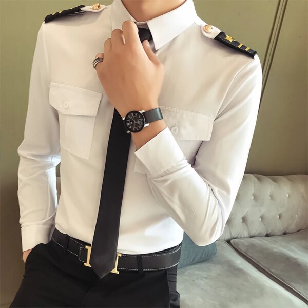 Costume de capitaine de la marine pour hommes, chemise blanche de l'armée de l'air, uniforme d'hôtesse de l'air, uniforme de rêve de pilote de compagnie aérienne, chemises d'officier, boîte de nuit – Image 2