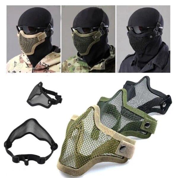 Masque demi-visage tête de mort en maille métallique, accessoires de chasse militaires de l'armée, masques inférieurs Airsoft Paintball – Image 2