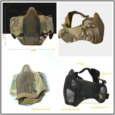 25019-65c330.jpg Masque militaire tactique Airsoft, demi-visage, maille métallique, protection du crâne et des oreilles, accessoires de chasse
