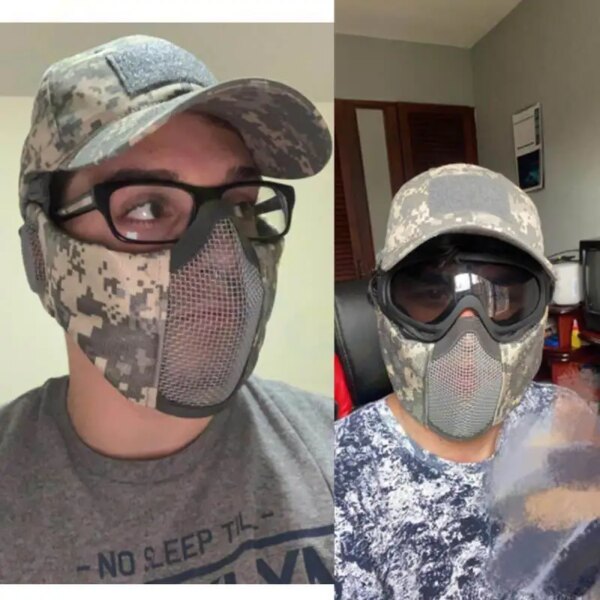 Masque militaire tactique Airsoft, demi-visage, maille métallique, protection du crâne et des oreilles, accessoires de chasse