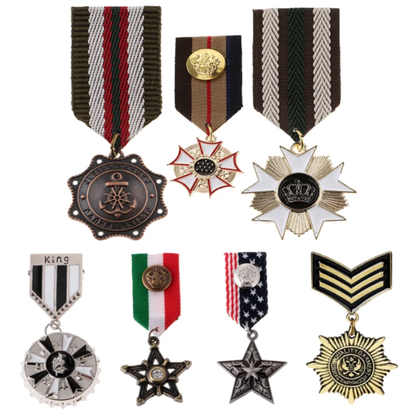 Broche insigne en tissu rayé pour hommes, couronne, étoile, médaille, uniforme Milirtay, corsage, chemise trempée, col, pompon, revers, broche