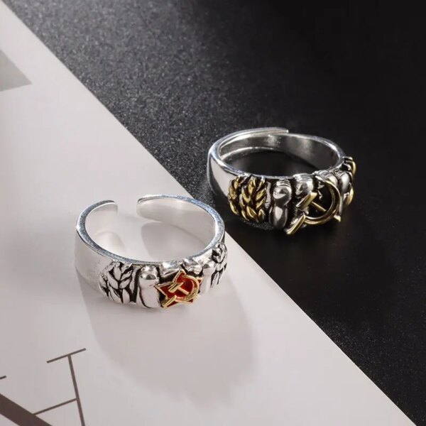Bolshevok – bague en cuivre incrustée, poing de fer soviétique, étoile rouge, héros socialiste, Venus, faucille, bijoux bague ouverte – Image 6