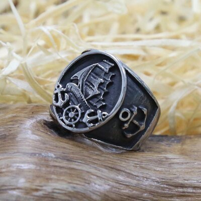 27939-dab2cc.jpg Bague Vintage en acier inoxydable pour hommes et femmes, bijou de style Viking nordique, avec ancre, boussole, Signet, gothique, Punk, motard