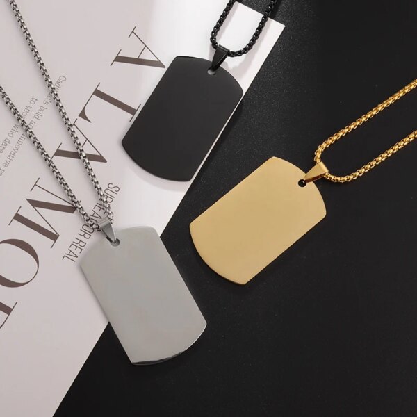 Collier avec pendentif rectangulaire en acier inoxydable pour hommes, étiquette militaire, brillant, tendance, Punk, simple, bijoux – Image 5