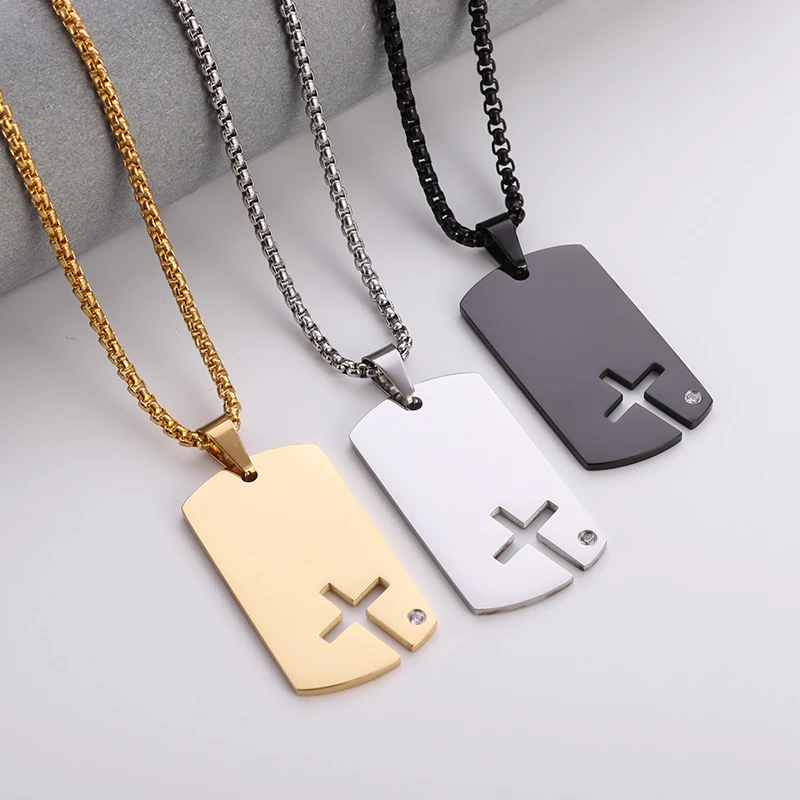 Collier pendentif croix carrée creuse classique pour hommes, plaque militaire, acier inoxydable, tendance punk, double pendentif, bijoux