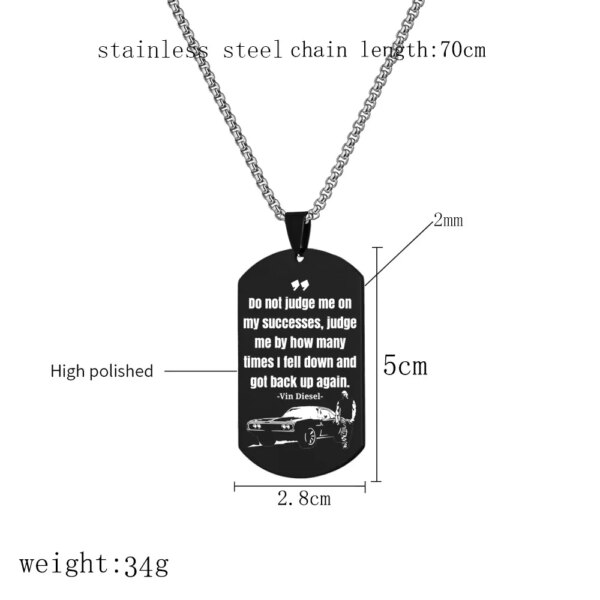 Collier Toretto Restic en Acier Inoxydable pour Homme, Citation Inspirante, Monogramme, Plaque Militaire, Pendentif Bijoux, Fast and Furious – Image 2