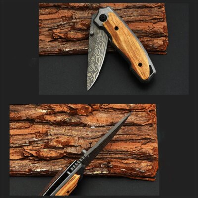 Couteau de poche pour l'extérieur, motif damas pour Camping, autodéfense, alpinisme