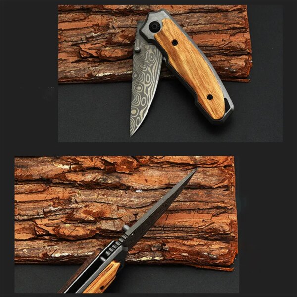Couteau de poche pour l'extérieur, motif damas pour Camping, autodéfense, alpinisme